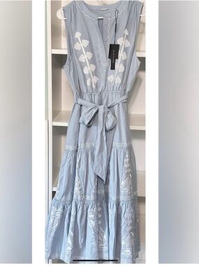 Elie Tahari Sleeveless Light Blue Embroidered Midi Dress with Waist Tie size LG